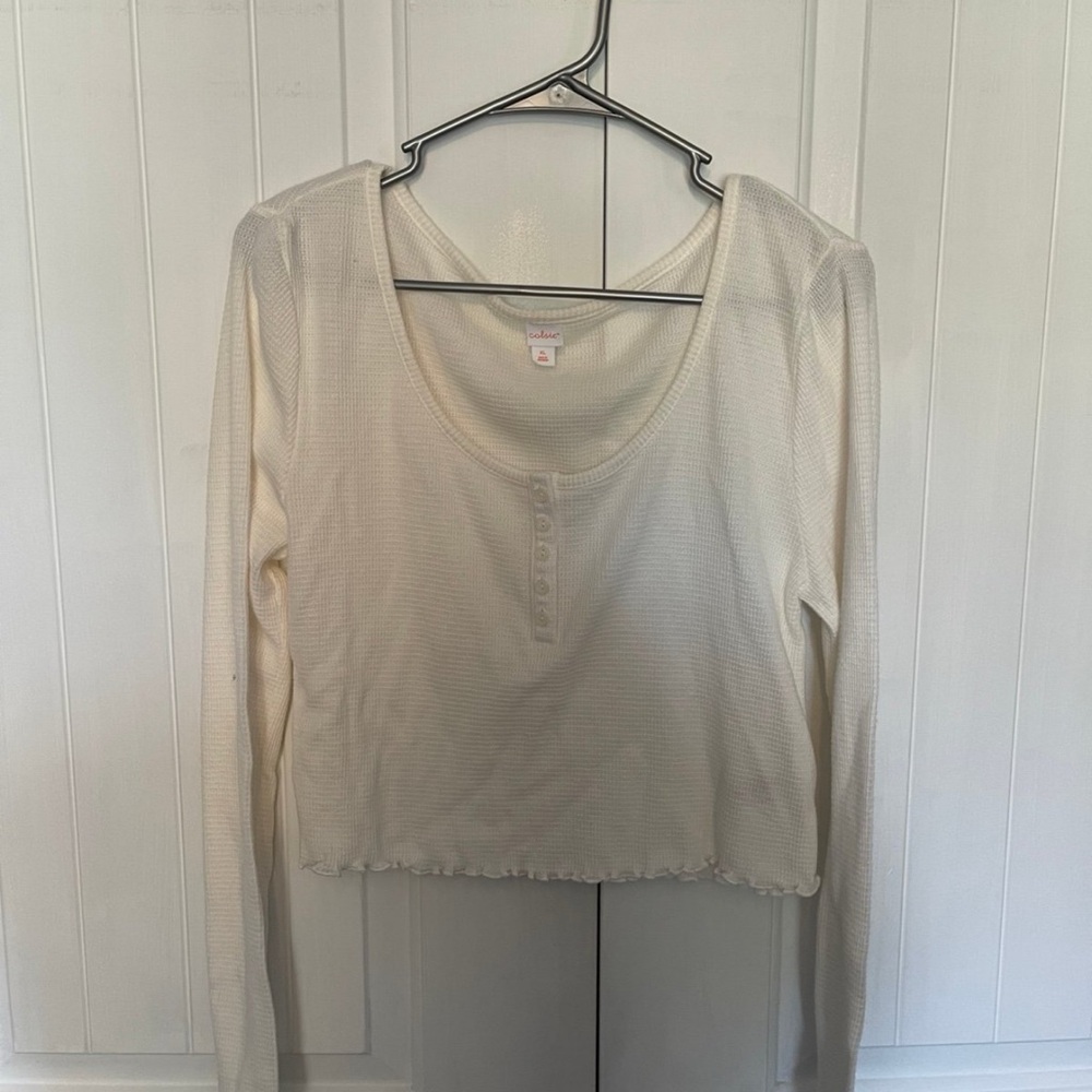 Women's Cream Waffle Knit Long Sleeve Crop Top